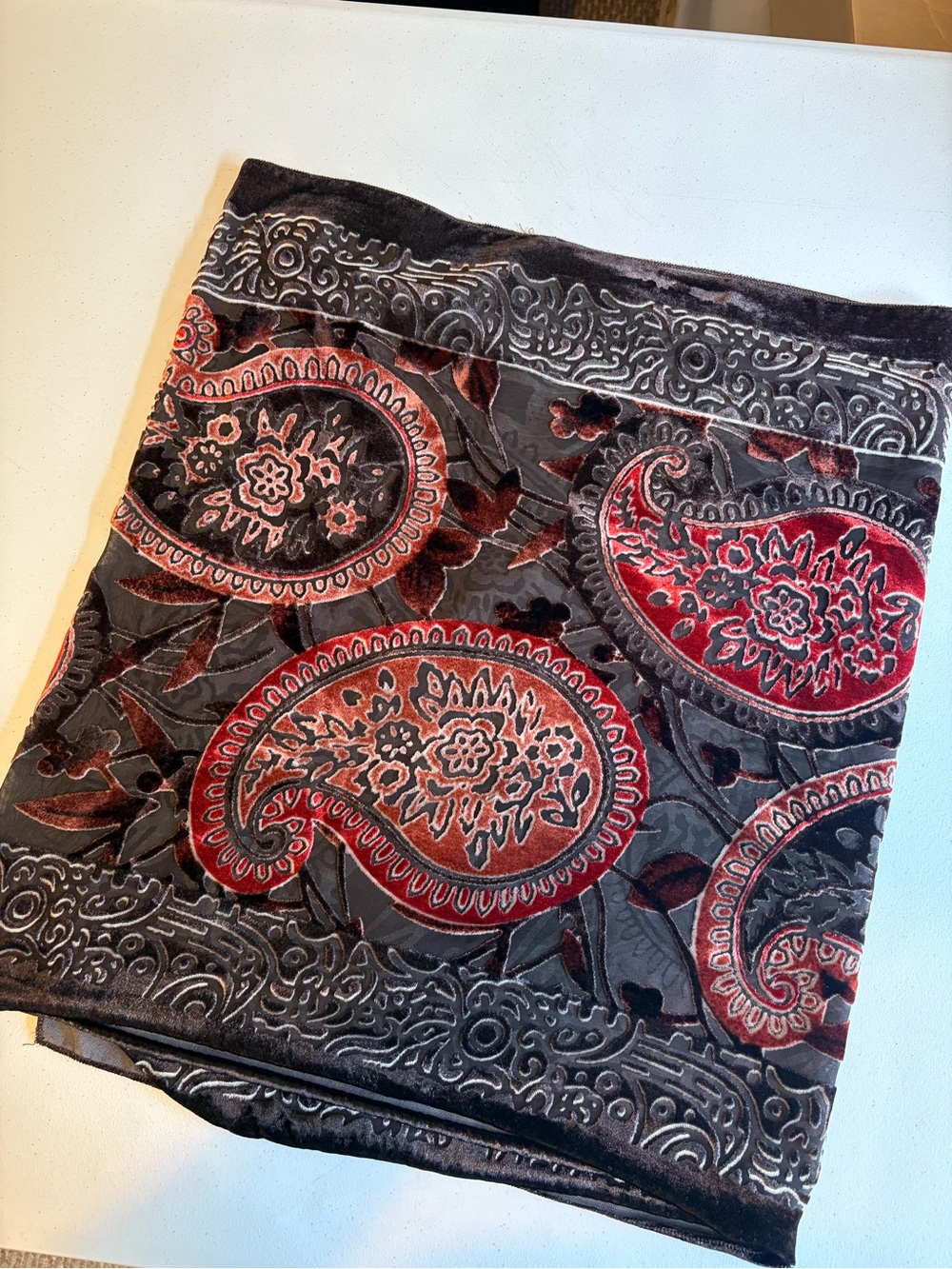 Vintage 90s Velvet Burnout Paisley Scarf Brown Red Boho Whimsigoth Grunge Floral